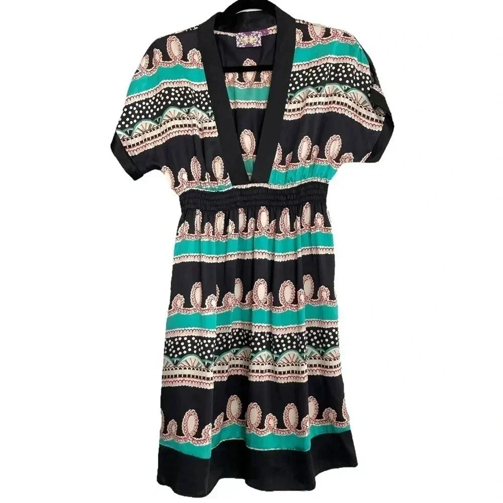 Yumi Kim Silk Dress Vneck Short Sleeve Black Teal L